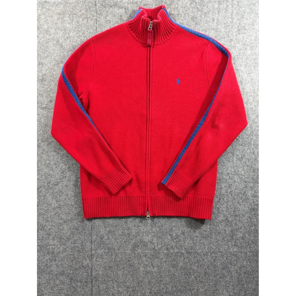 Polo Ralph Lauren Mens Small Red Full Zip Cotton Sweater Blue Stripe Mock Neck